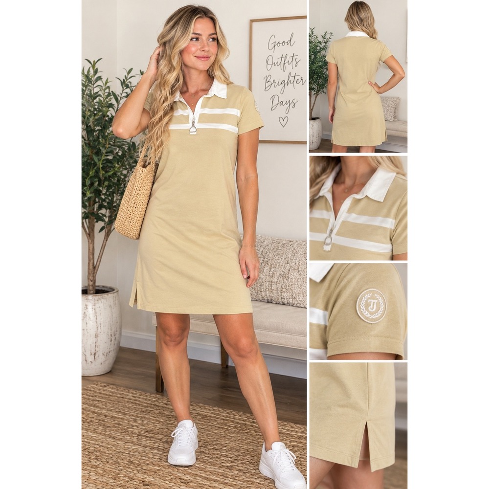 Lauren Active Ralph Lauren Tan Polo Dress White Stripes Crest Sz M country club